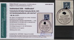 III. Reich / Dt. Bes. Sudetenland, 1938, Maffersdorf, Mi.- Nr.: 21, auf kl. Briefstk.! Akt. FB Brunel VPeV, : e+...! Selten! Auflage 600 Stk.!