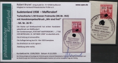 III. Reich / Dt. Bes. Sudetenland, 1938, Maffersdorf, Mi.- Nr.: 26, auf kl. Briefstk.! Akt. FB Brunel VPeV, : e+e! Selten! Auflage 500 Stk.!