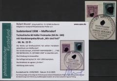 III. Reich / Dt. Bes. Sudetenland, 1938, Maffersdorf, Mi.- Nr.: 23, auf kl. Briefstück! Akt. FB Brunel VPeV. : e+e! Selten!
