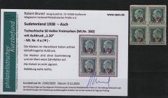 III. Reich / Dt. Bes. Sudetenland, 1938, Asch, Mi.- Nr.: 4a (4x), (*/ o. G.)! Akt. FB Brunel VPeV. : e+ ...! Selten!