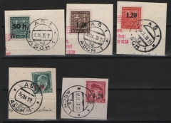 III. Reich / Dt. Bes. Sudetenland, 1938, Asch, Mi.- Nr.: 1Ia, 2, 3, 4a + 5, je auf kl. Briefstück! Akt. FB Brunel VPeV. : e+ e! Selten!
