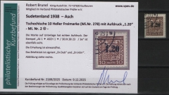 III. Reich / Dt. Bes. Sudetenland, 1938, Asch, Mi.- Nr.: 5, auf kl. Briefstück! Akt. FB Brunel VPeV. : e+ e! Selten!