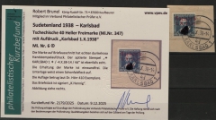 III. Reich / Dt. Bes. Sudetenland, 1938, Karlsbad, Mi.- Nr.: 6, auf kl Briefstück! Akt. FB Brunel VPeV. : e+ ...! Selten! Auflage 410 Stk.!