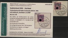 III. Reich / Dt. Bes. Sudetenland, 1938, Karlsbad, Mi.- Nr.: 8, auf kl Briefstück! Akt. FB Brunel VPeV. : e+ e! Selten! Auflage 730 Stk.!