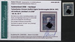 III. Reich / Dt. Bes. Sudetenland, 1938, Karlsbad, Mi.- Nr.: 59, *! Akt. FB Brunel VPeV. : e+ ... e! Selten!