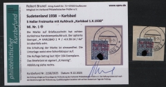 III. Reich / Dt. Bes. Sudetenland, 1938, Karlsbad, Mi.- Nr.: 1, auf kl. Briefstück! Akt. FB Brunel VPeV. : e+ ... e! Selten! Auflage: 164 Stk.!
