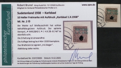 III. Reich / Dt. Bes. Sudetenland, 1938, Karlsbad, Mi.- Nr.: 2, auf kl. Briefstück! Akt. FB Brunel VPeV. : e+ e! Selten!