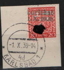 III. Reich / Dt. Bes. Sudetenland, 1938, Karlsbad, Mi.- Nr.: 3 A mit EST, auf kl. Briefstück! Akt. FA Brunel VPeV. : e+ e! Selten!