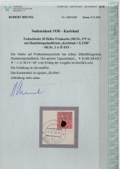 III. Reich / Dt. Bes. Sudetenland, 1938, Karlsbad, Mi.- Nr.: 3 A mit EST, auf kl. Briefstück! Akt. FA Brunel VPeV. : e+ e! Selten!