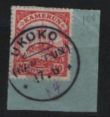 Dt. Kolonien, Stempel, Kamerun, 1914, Ukoko auf Mi.- Nr.: 22 (Jahreszahl HS!), mit kl. Briefstück! Tiefstgeprüft R. Steuer BPP! Luxusstück! RR!