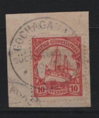 Dt. Kolonien, Stempel, DSWA, 190..., Mi.- Nr.: 13, auf kl. Briefstück! Mit Abstempelung Gochaganas! Tiefstgeprüft Czimmeck BPP! Selten!