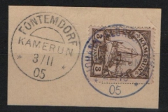 Dt. Kolonien, Stempel, Kamerun, 1905, Fontemdor + Johann- Albrechtshöhe (viol.) auf Mi.- Nr.: 7, auf kl. Briefstück! Qualitätsstück! Selten!