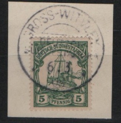 Dt. Kolonien, Stempel, DSWA, 1908, Mi.- Nr.: 12, auf kl. Briefstück! Mit StempelGross- Witvley! Selten!