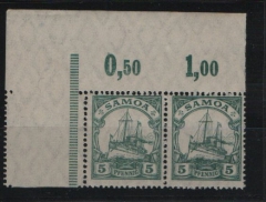 Samoa, 1915 / 19, Mi.- Nr.: 21 (2x, vom OR) + anhängendes Leerfeld (links), **, sehr selten!