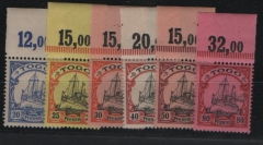 Dt. Kolonien, Togo, 1900 / 1919, Mi.- Nrn.: 10- 15 (je vom / mit Or.), **! Selten!