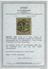 Bremen, 1860, Mi.- Nr.: 3a, gestempelt, akt. FA Heitmann BPP; echt + ...! Qualitätsstück, fast Luxus! Sehr selten! Dekorativ!