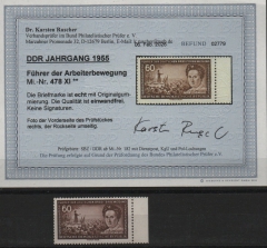 DDR, 1955, Mi.- Nr.: 478 XI, **, mit akt. Befund Dr. Ruscher BPP; e + e! Luxusstück! Selten!