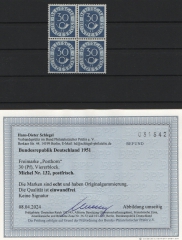 BRD, 1951, Mi.- Nrn.: 123- 132, (je im 4-er Block!), **! Akt. FA / Bef. Schlegel BPP; echt + einwandfrei! Luxus- Kurzsatz!