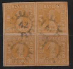 Bayern, 1862, Mi.- Nr.: 8 I, im 4er- Block, gestempelt, Bedarfs- / Kabinettstück! Selten! Beeindruckende Einheit und Wirkung!
