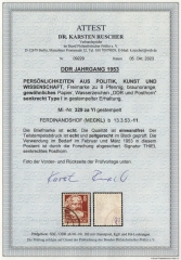 DDR, 1953, Mi.- Nr.: 329 za YI, gestempelt, aktuelles Fotoattest Dr. Ruscher BPP: echt und einwandfrei! Luxusstück! RR!