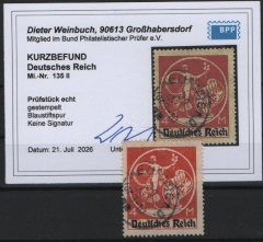 DR, Infla, 1920 / 21, Mi.- Nr.: 135 II, gestempelt! Akt. Kurz- Befund Weinbuch BPP: e + ...! Gutes Bedarfsstück! Selten!