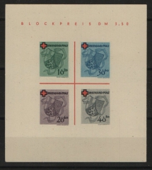 FRZ- Rheinland- Pfalz, 1949, Mi.- Nr.: Bl. 1 I, (*) wie ausgegeben, tiefstgeprüft Schlegel BPP! Luxusstück!