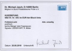 Ost- Sachsen, 1945, Mi.- Nr.: 43 C, im ER-4er- Block! **, K.- Befund Dr. Jasch BPP: echt + ....! Kabinettstück!