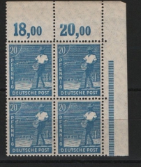 Kontrollrat, 1947, Mi.- Nr.: 950 a, ER- 4er- Block, POR dgz, **, Farbgeprüft Bernhöft / K.- Befund Schlegel BPP! Kabinettstück, sehr selten!