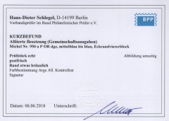 Kontrollrat, 1947, Mi.- Nr.: 950 a, ER- 4er- Block, POR dgz, **, Farbgeprüft Bernhöft / K.- Befund Schlegel BPP! Kabinettstück, sehr selten!