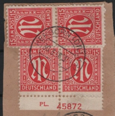 Bizone, AM- Post, 1945, Mi.- Nr.: 8 (4x) + Pl. Nr., u.a. auf Briefstück, gestempelt, Kabinettstück! Selten!