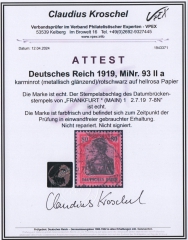 Dt. Kaiserreich, 1918, Mi.- Nr.: 93 IIa, gestempelt, mit Fotoattest Kroschel VPEX,  Echt und einwandfrei Luxusstück! Selten!