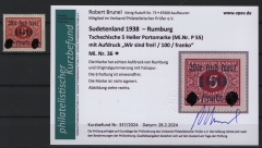 III. Reich, Dt. Bes., Sudetenland- Rumburg, 1938, Mi.- Nr.: 36, *, Befund Brunel VPEV: e+e! Kabinettstück!