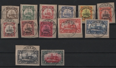 Dt. Kolonien, Karolinen, 1900, Mi.- Nrn.: 7- 19, auf Briefstücken / gestempelt! Mi.- Nr.: 19 tiefstgeprüft Jäschke- L. BPP! Selten!