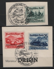 III. Reich, 1939, Mi.- Nr.: 695- 97, kpl.- Satz, auf Briefstücken, Qualitätsatz! Dekorativ und selten!