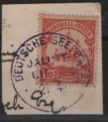 Dt. Kolonien, Stempel, Marshall- Inseln, ca. 1905, Mi.- Nrn.: 15, gestempelt mit Deutsche Seepost Jaluit- Linie, selten!