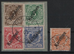 Dt. Kolonien, Karolinen, 1900, Mi.- Nrn.: 1 II - 5 II, gestempelt / auf Briefststk.! Mi.- Nr.: 5 II signiert! Selten!