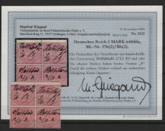 DR, Pfennige, 1883, Mi.- Nrn.: 37b (2) / 37 Bb (2) im 4er- Block, mit Handschr. Entwertung, Befund Wiegand BPP;  echt und ... gutes Bedarfsstück! RR!