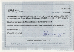 Dt. Kaiserreich, Brustschilder, ca. 1873, Mi.- Nr.: 24, gestempelt, Befund Brugger BPP: echt, repariert ...! Seltenes Stück!