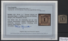 Baden, 1851, Mi.- Nr.:  1a, gestempelt, mit akt. Befund Stegmüller BPP; echt + ...! Schönes Kabinettstück! Selten!