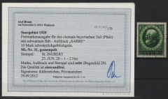 Saargebiet, 1920, Mi.- Nr.: 31, gestempelt, Befund Braun BPP: echt und einwandfrei! Selten!