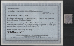 Württemberg, 1875, Bezirksdienstmarke Mi.- Nr.: 101 b, *, akt. FB- Klinkhammer BPP: e + ...! Gutes Kabinettstück, sehr selten!