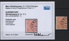 Württemberg, 1869, Mi.- Nr.: 37 a, gestempelt, akt. KB- Klinkhammer BPP: e + e! Qualitätsstück, sehr selten!